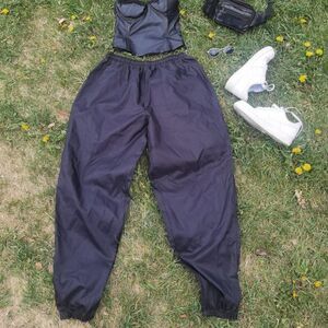 80s 90s Windbreaker Nylon Black Pants Athletic High Waist Elastic Ankle